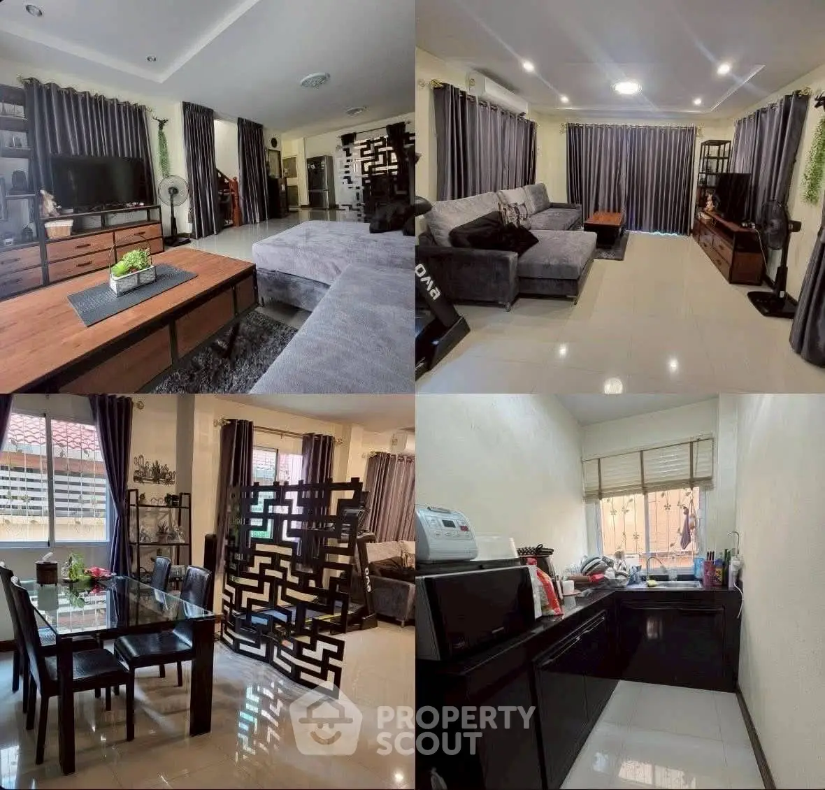 Spacious living and dining area with modern kitchen in stylish home
