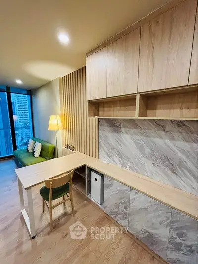 Modern living room with stylish wooden furniture and city view