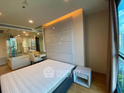Modern bedroom with large window and city view, featuring sleek design and ample natural light.