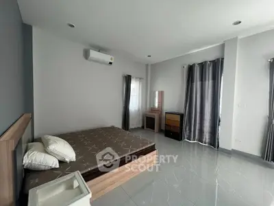 Spacious bedroom with modern decor and ample natural light