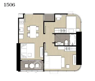 Modern apartment floor plan with open layout and stylish design.
