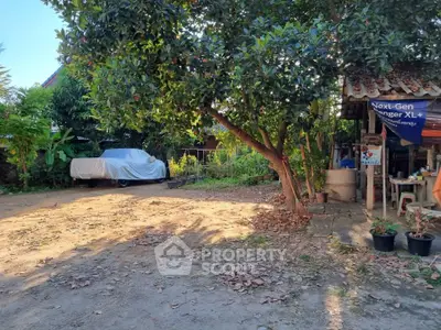 Spacious garden area with mature trees and covered parking space, ideal for outdoor activities.