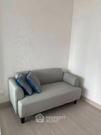 Cozy small living room with modern gray sofa and stylish cushions in a minimalist setting.