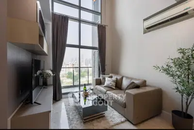 Luxurious high-ceiling living room with city view and modern decor