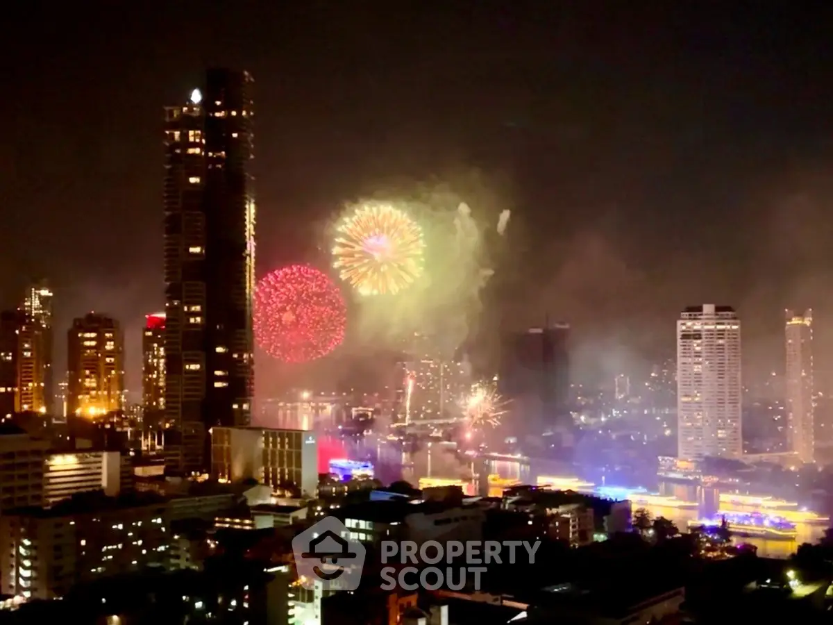 Stunning city skyline with vibrant fireworks illuminating the night sky, offering a breathtaking urban view.
