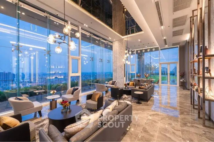 Luxurious modern living room with panoramic city views and elegant decor