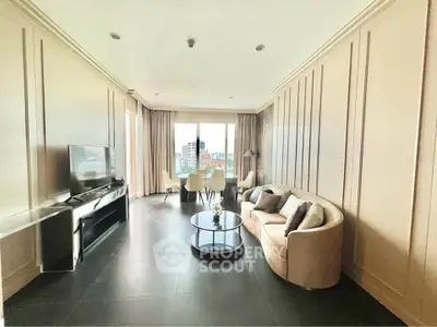 Luxurious living room with elegant decor and stunning city view, perfect for modern urban living.