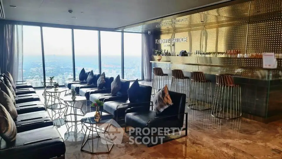Luxurious high-rise lounge with panoramic city views and stylish bar area.