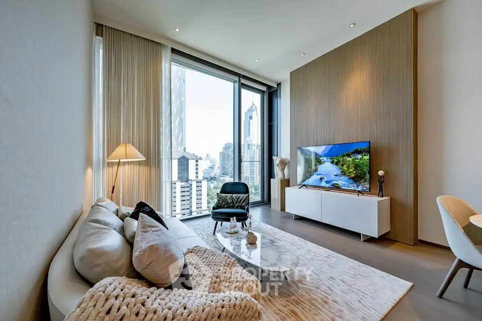 Luxurious modern living room with stunning city view and elegant decor