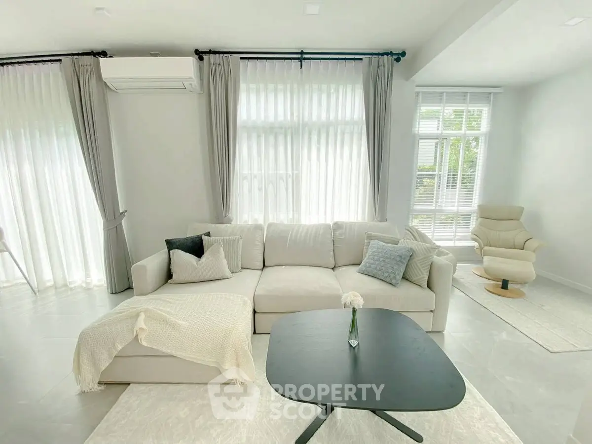 Bright and airy living room with modern sofa and large windows
