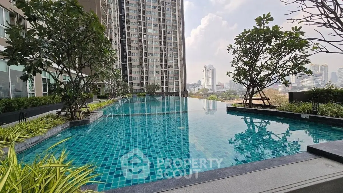 Luxurious rooftop pool with stunning city views in modern high-rise building.