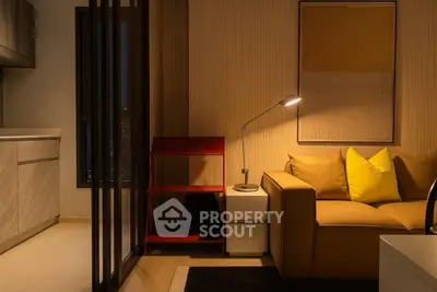 Cozy modern living room with stylish sofa and ambient lighting