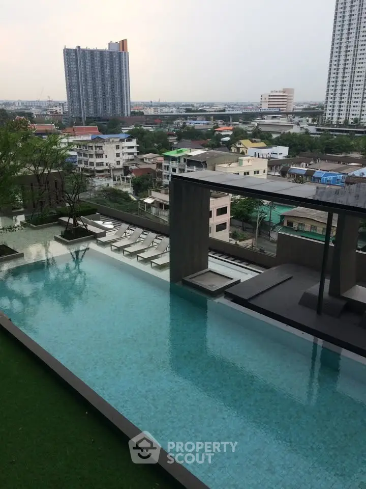 Luxurious rooftop pool with stunning city views in modern high-rise building.