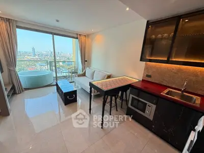 Modern living room with city view and open kitchen layout