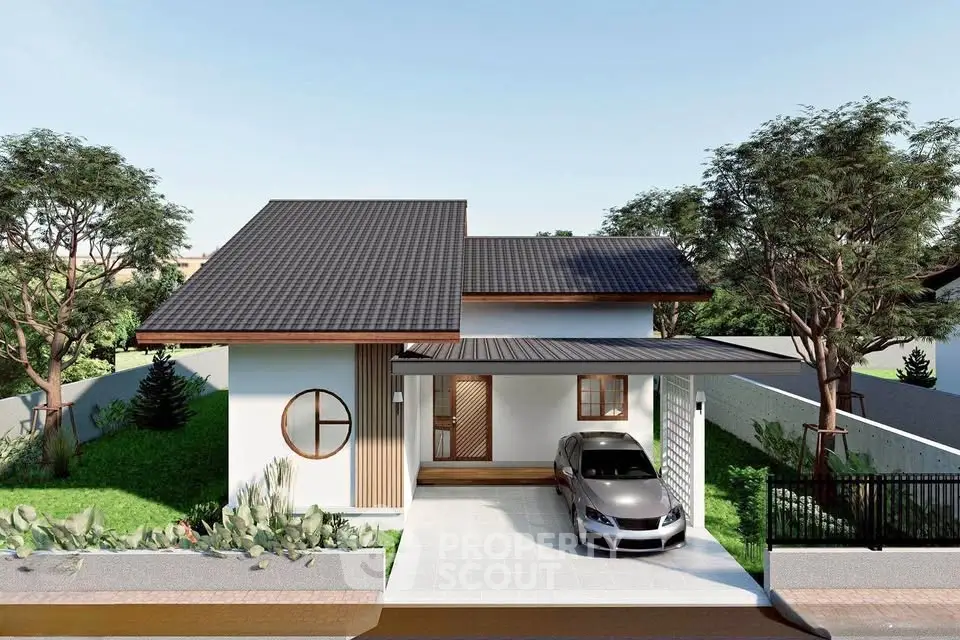 Modern single-story house with carport and lush landscaping