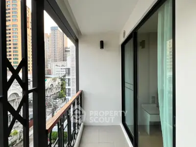 Modern balcony with city view in high-rise apartment