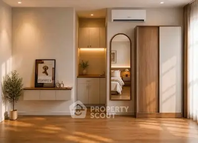 Elegant bedroom with wooden flooring, built-in wardrobe, and stylish decor.