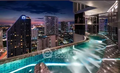 Luxurious rooftop infinity pool with stunning city skyline view at dusk.