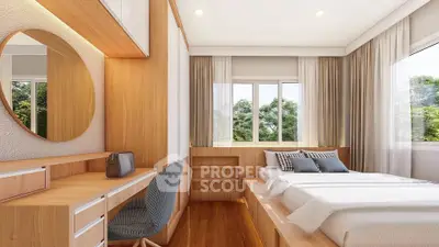 Modern bedroom with wooden furniture and large windows offering a serene view.