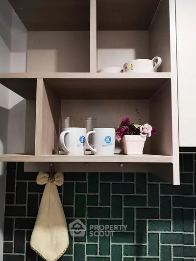 Modern kitchen with stylish open shelving and decorative backsplash