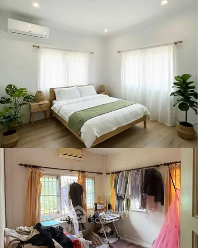 Charming bedroom transformation showcasing minimalist design and cozy ambiance.