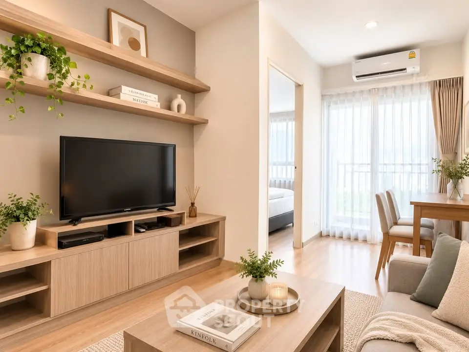 Modern living room with stylish decor, TV unit, and natural light from large windows.