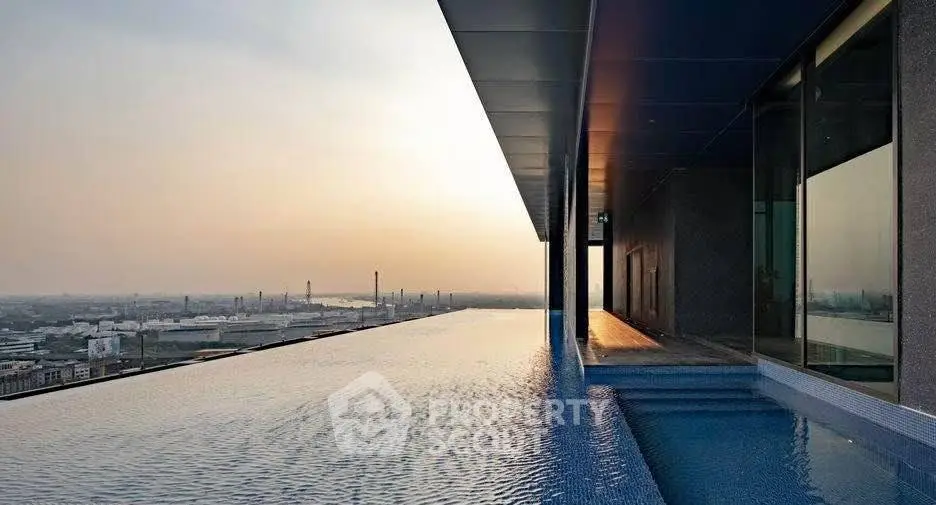 Luxurious rooftop infinity pool with stunning city skyline view at sunset.