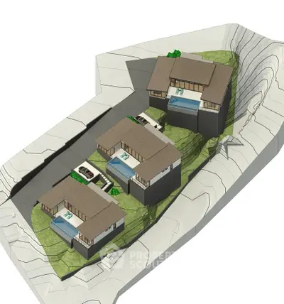 Modern architectural 3D render of hillside residential development with multiple units and green spaces.
