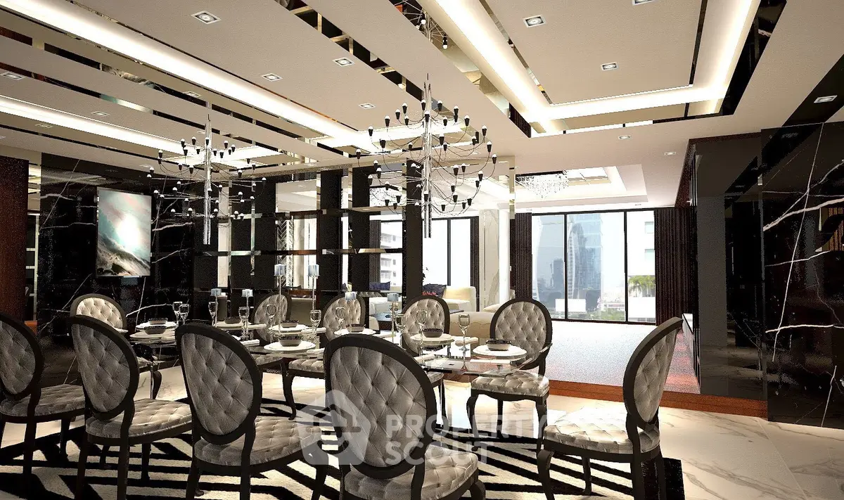 Luxurious dining room with elegant chandelier and modern decor