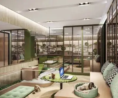 Luxurious pet-friendly living room with modern design and cozy pet spaces.
