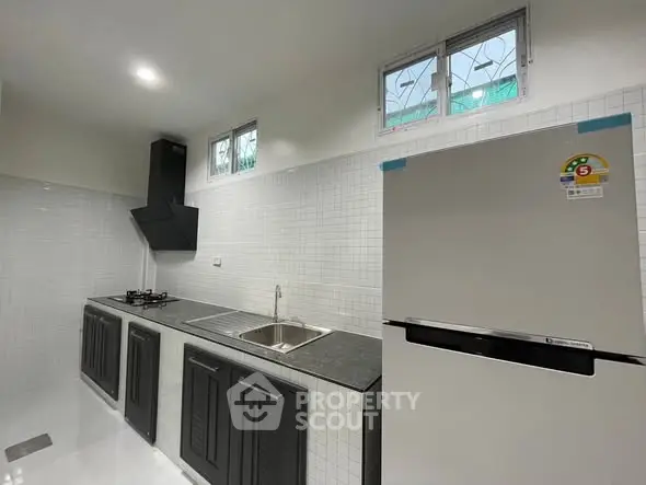 Modern kitchen with sleek black cabinets and stainless steel appliances