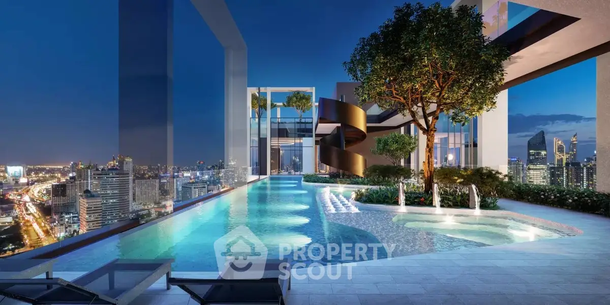 Luxurious rooftop pool with stunning city skyline view at night