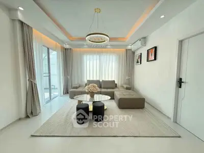 Elegant living room with modern decor and large windows