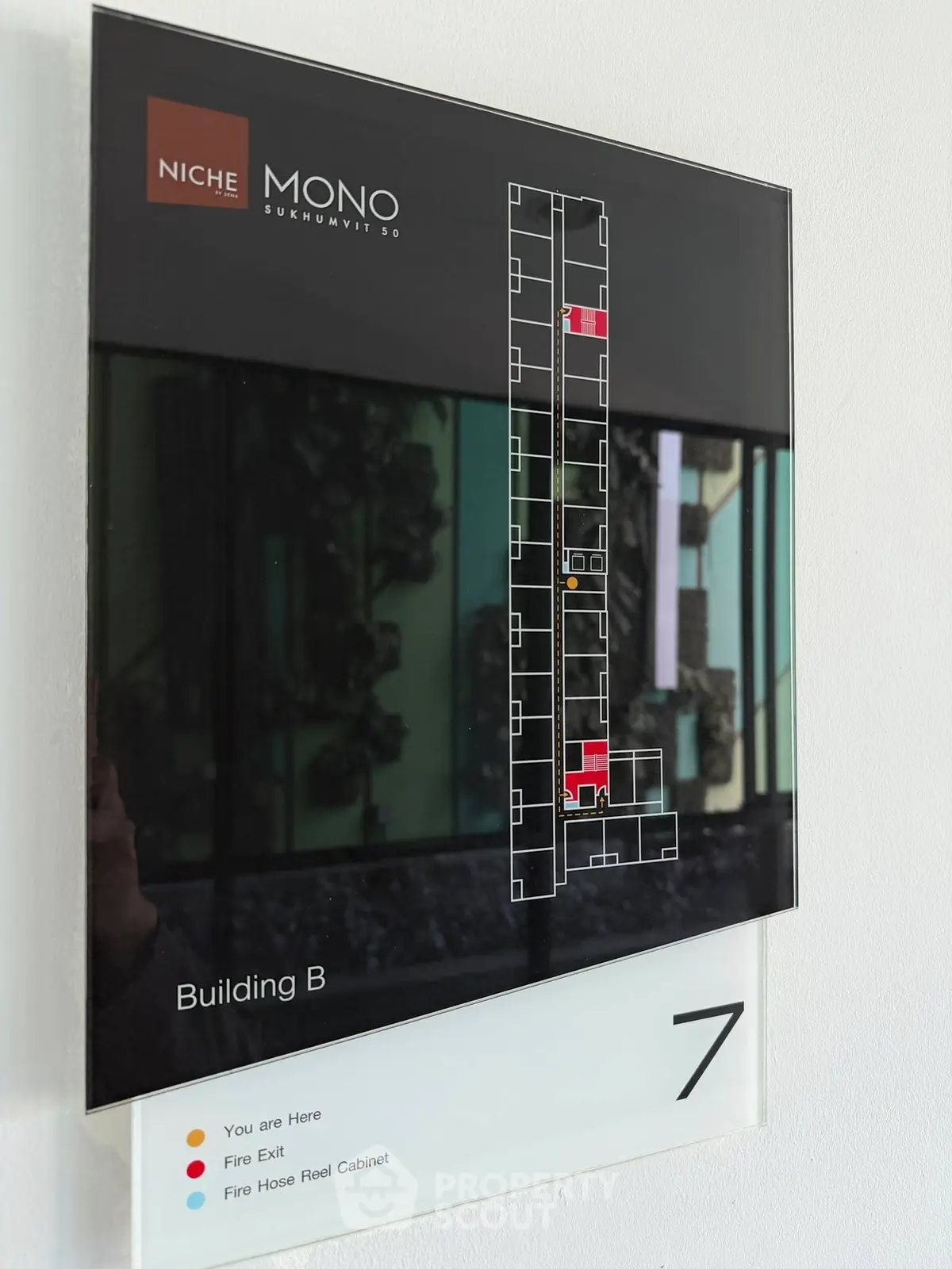 Modern building floor plan display with fire safety features at Niche Mono Sukhumvit 50.