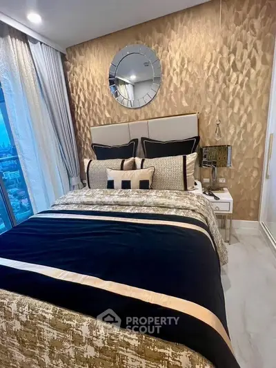 Luxurious bedroom with elegant decor and city view, featuring a stylish bed and modern furnishings.