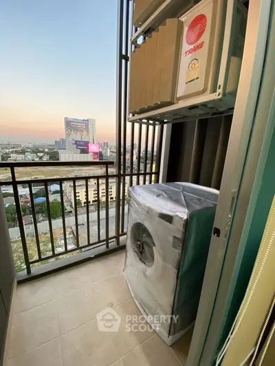 High-rise balcony with city view and air conditioning unit, perfect for urban living.