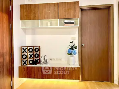 Stylish modern interior with wooden accents and decorative shelving