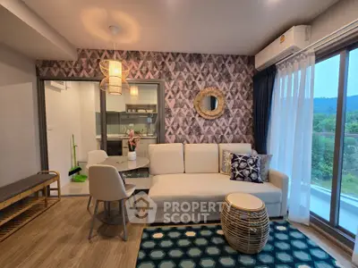 Modern living room with stylish decor and scenic view