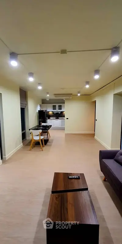 Spacious open-plan living room with modern kitchen and stylish lighting