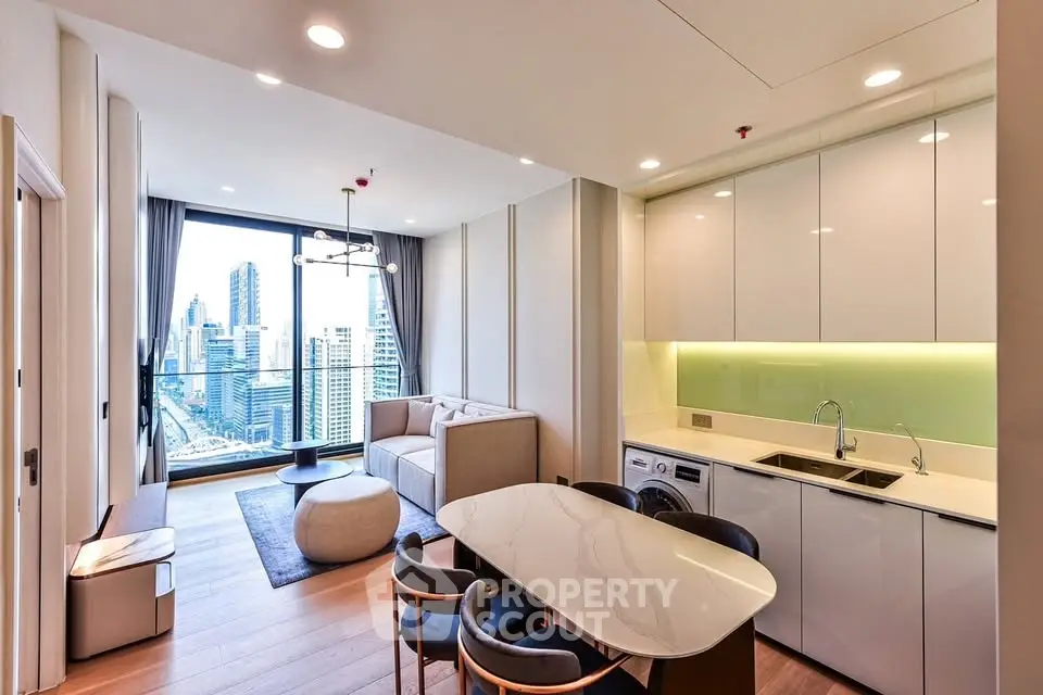 Modern living room with city view, sleek kitchen, and elegant dining area in luxury apartment.