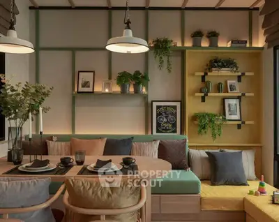 Charming living room with cozy seating, vibrant decor, and lush greenery for a welcoming ambiance.