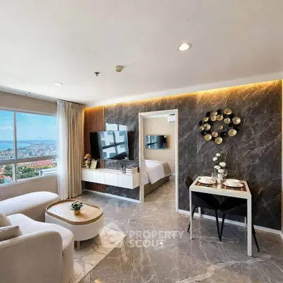 Luxurious modern living room with marble flooring and stunning city view
