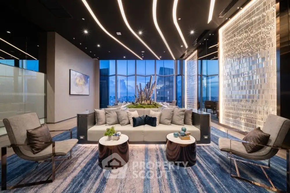 Luxurious modern living room with stunning city view and elegant decor.