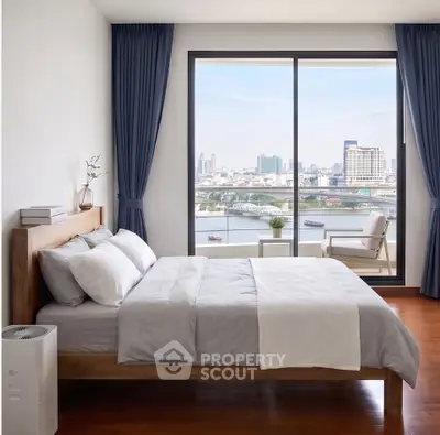 Luxurious bedroom with stunning city and river view from large window, featuring elegant decor and cozy ambiance.