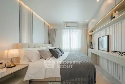 Luxurious modern bedroom with elegant decor and ambient lighting