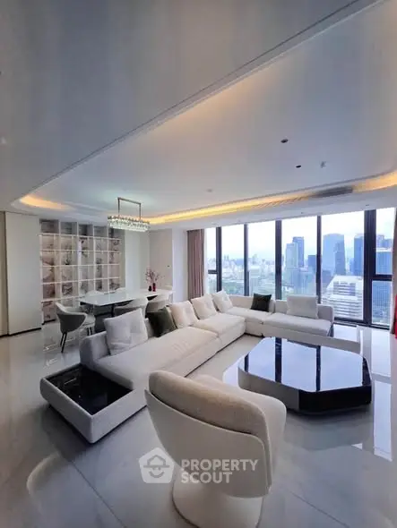 Luxurious modern living room with panoramic city view and elegant furnishings