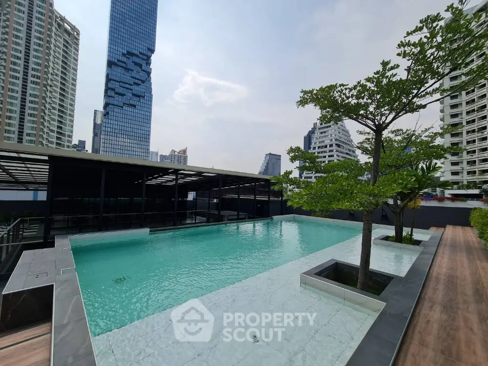 Luxurious rooftop pool with stunning cityscape views in modern high-rise building
