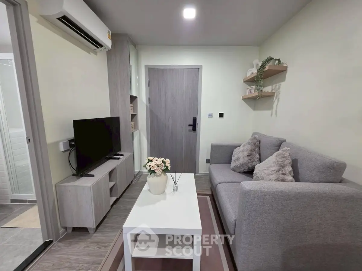 Modern living room with cozy gray sofa, TV, and stylish decor in a compact apartment.