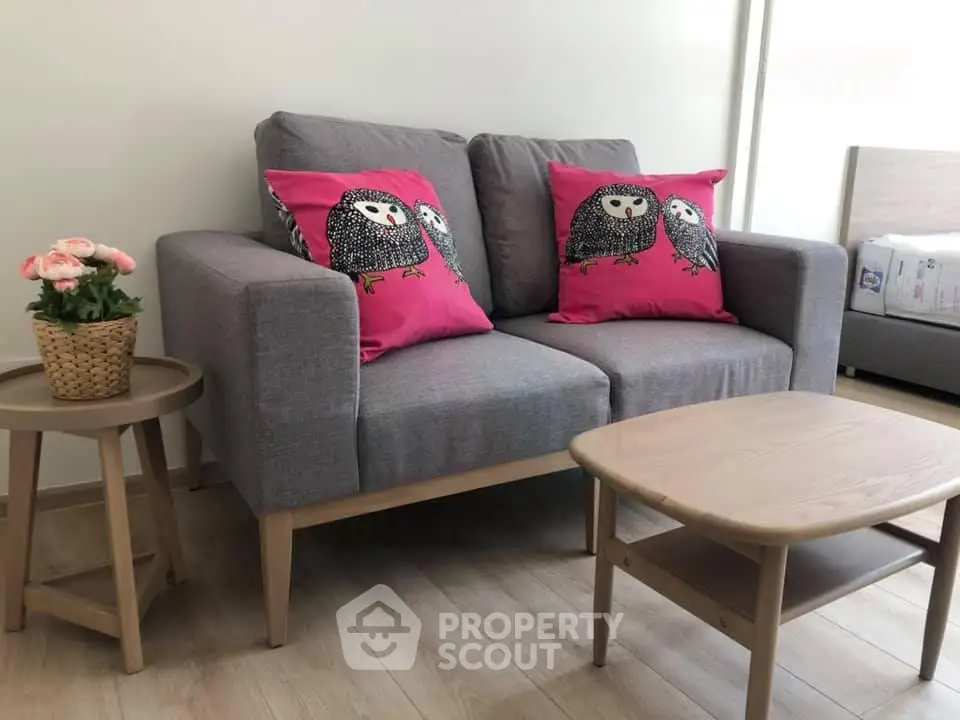 Cozy living room with stylish gray sofa and owl-themed cushions, perfect for modern interiors.