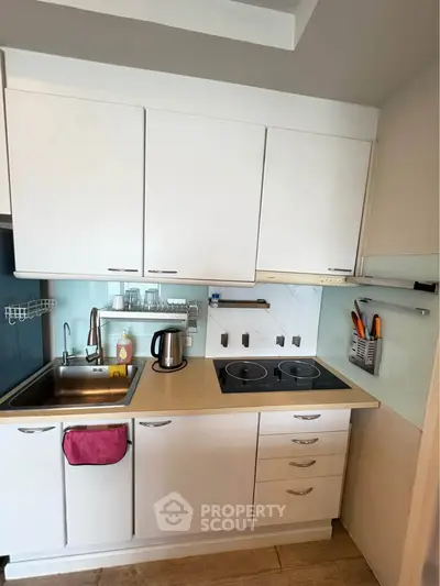 Modern kitchen with sleek white cabinets and electric cooktop, featuring a stainless steel sink and organized storage.